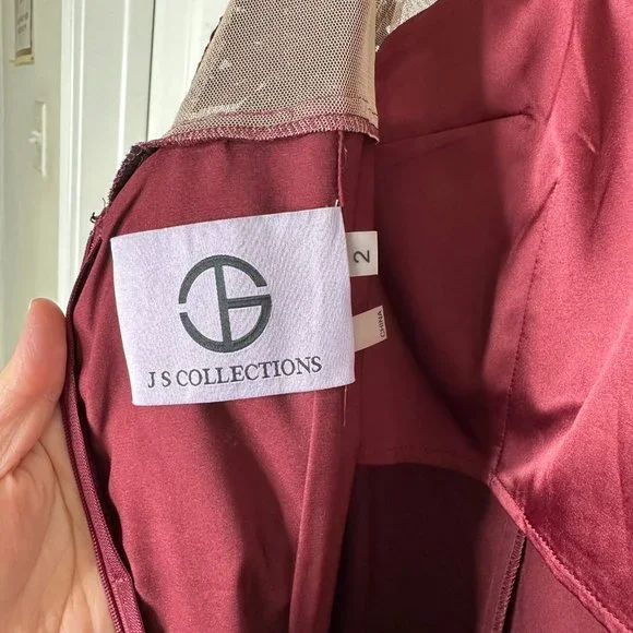 JS Collections Women's Boat Neck Short Sleeve Laced Burgundy  Mermaid Gown - Picture 13 of 16